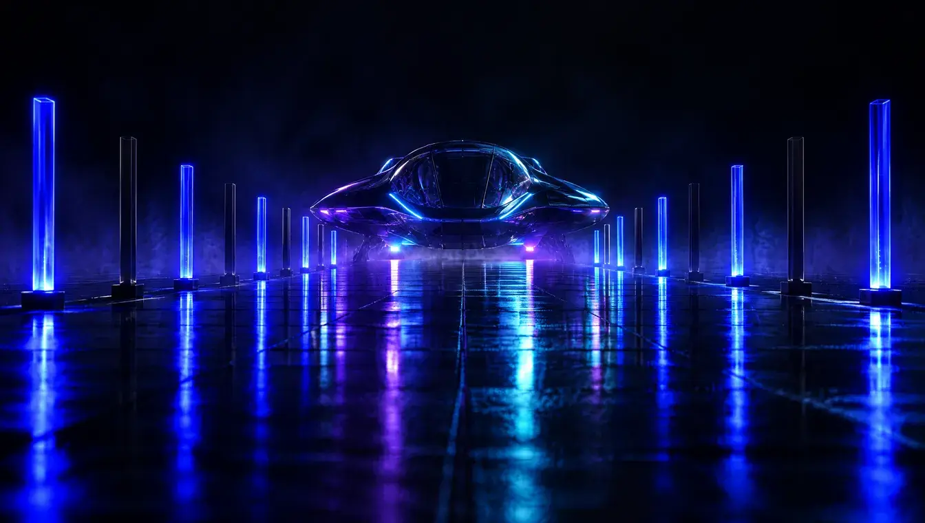 A night runway lined with glass light pylons, most lit and a few still dark, leading to a waiting glass craft