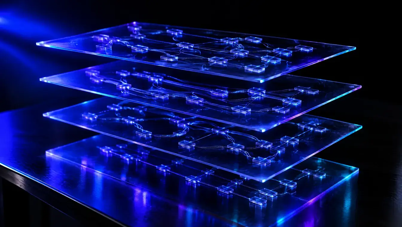 Layered glass blueprint sheets, each etched with a different pattern of linked blocks, glowing blue over a dark drafting table