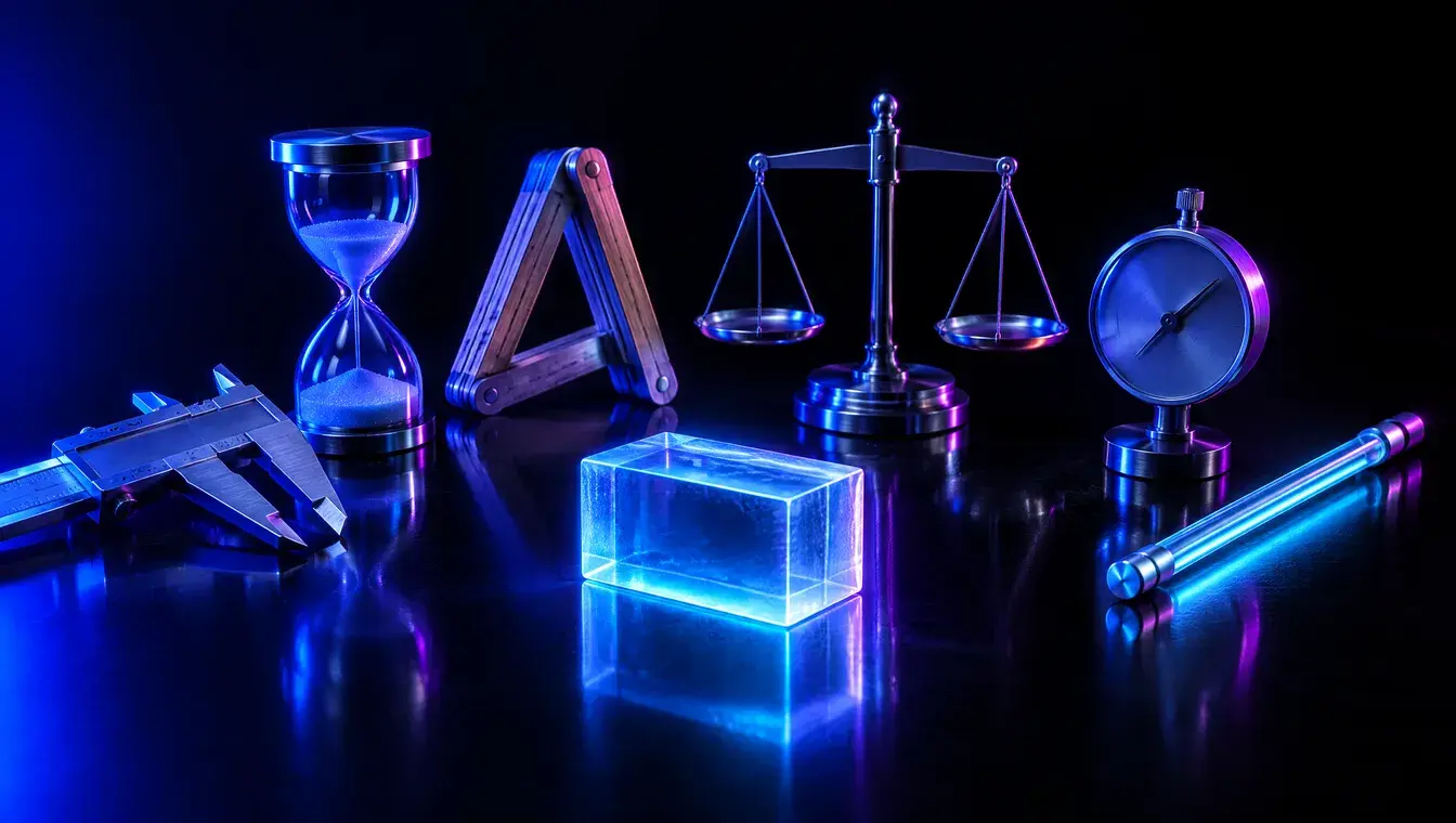 Six different measuring instruments arranged around the same glass block on a dark table