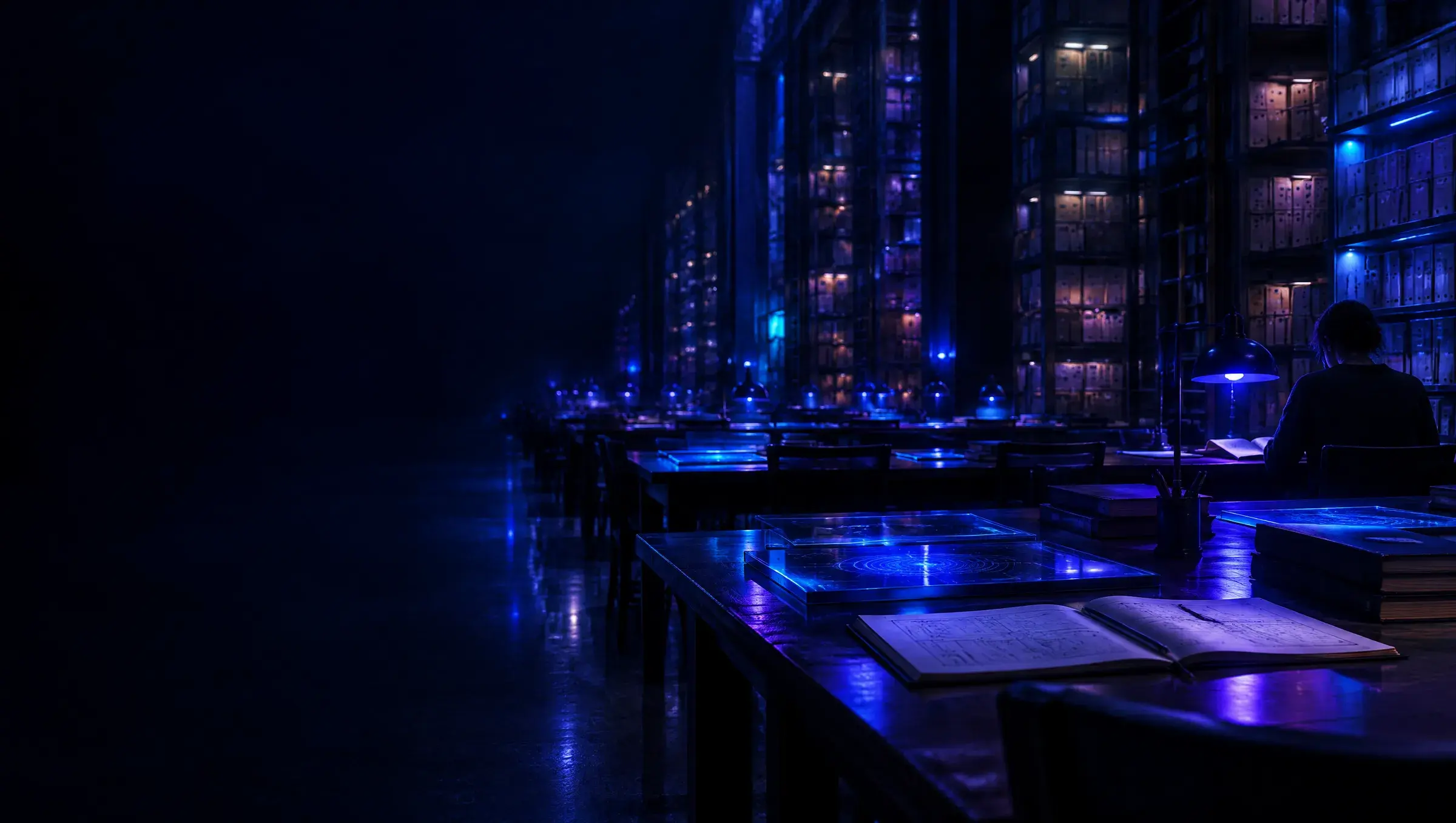 A dark reading room at night, a lone reader at a lamp-lit desk among long rows of softly lit archive shelves