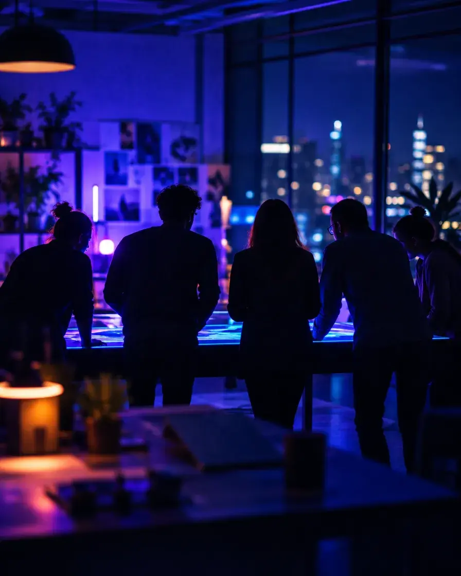 A product team seen from behind, gathered around a glowing table display in a dark studio at night