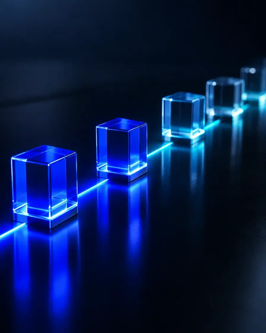 A row of glass milestone blocks on a dark surface, the path of blue light advancing from one to the next