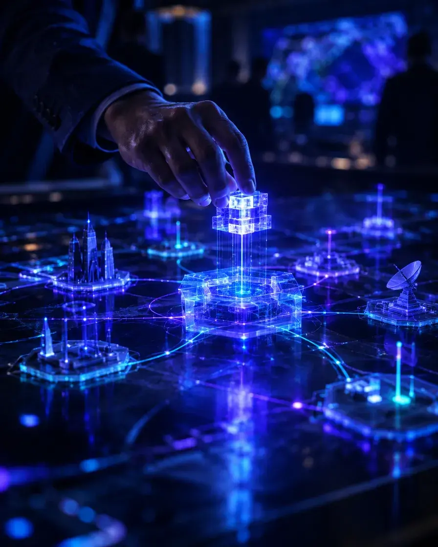 A hand placing a glowing piece onto a holographic model of connected systems above a dark table