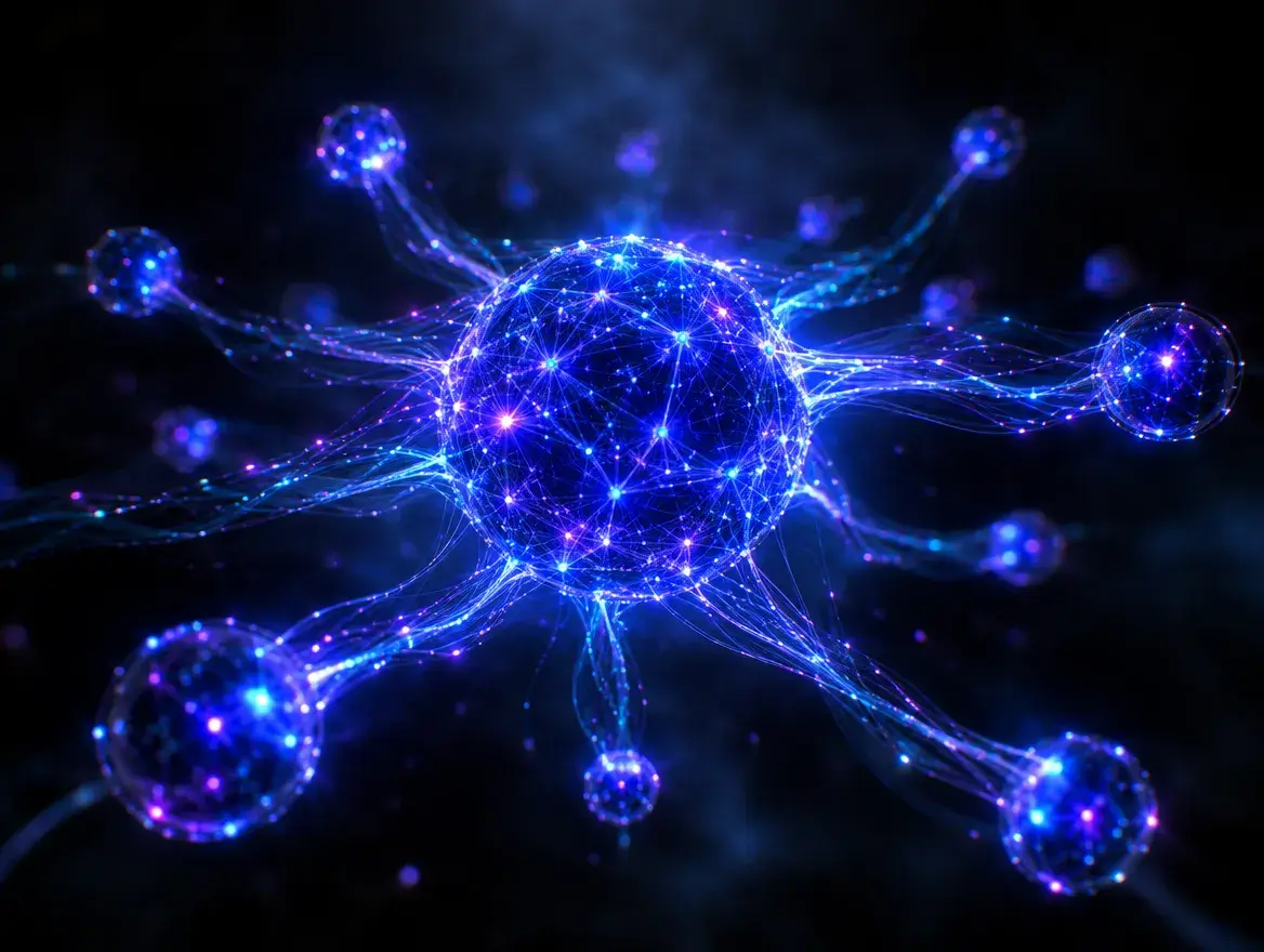 A glowing sphere of connected nodes orchestrating streams of light out to smaller satellite nodes