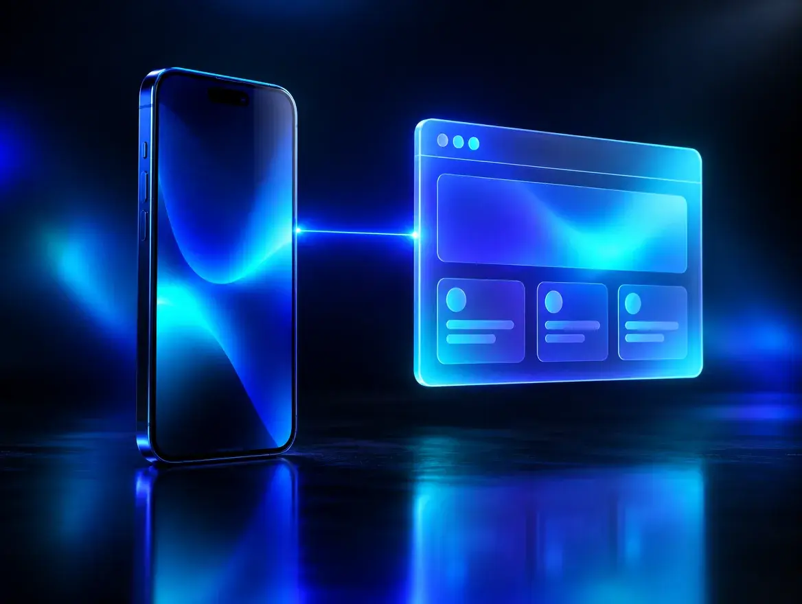 A smartphone and a floating glass browser pane linked by a beam of blue light
