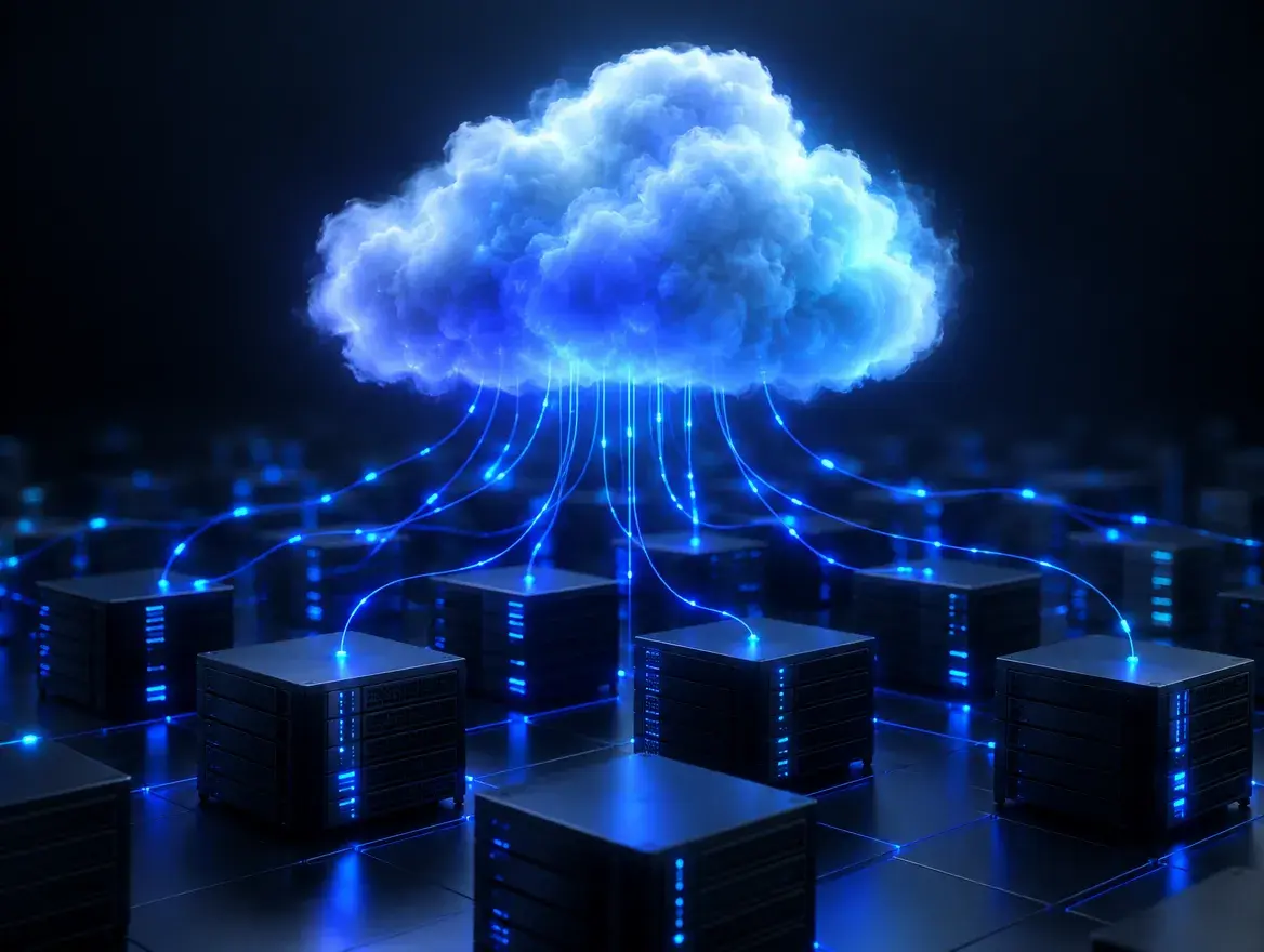 A cloud of light above a grid of server blocks, each linked to it by glowing traces