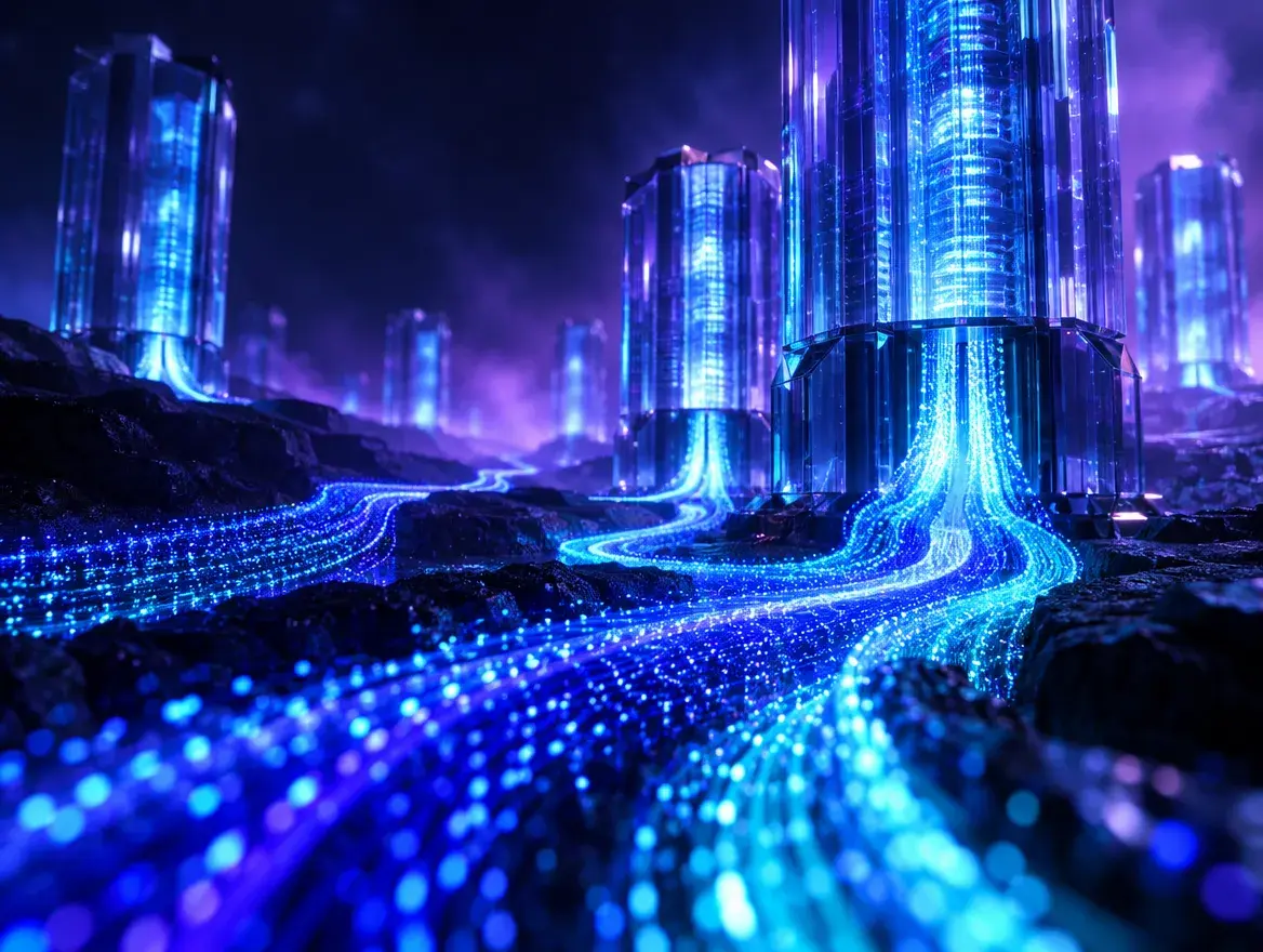 Rivers of glowing data particles flowing into tall crystalline storage towers