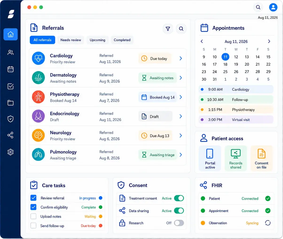 Clinical workflow console showing referral triage queues, appointments, care tasks, consent states and FHIR integration status