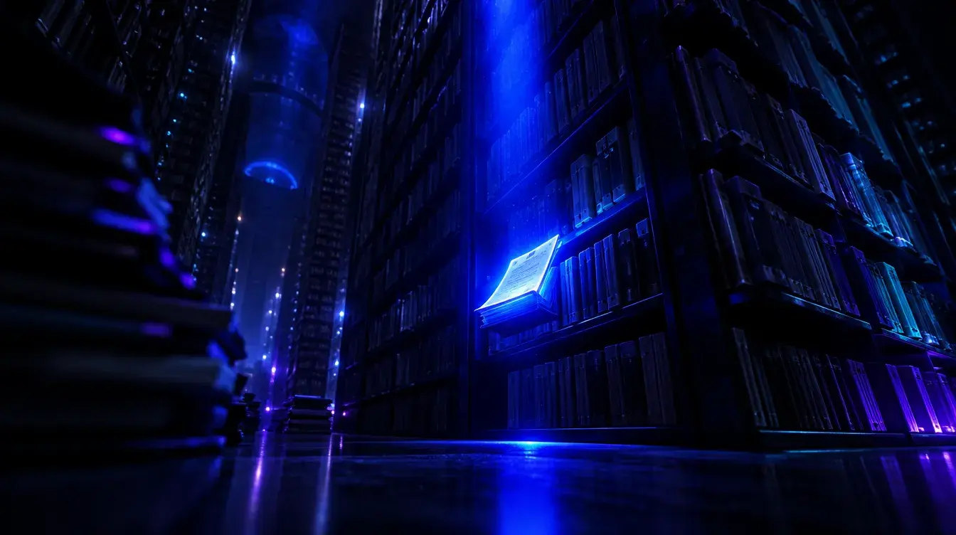A beam of blue light singling out one document in a vast dark archive