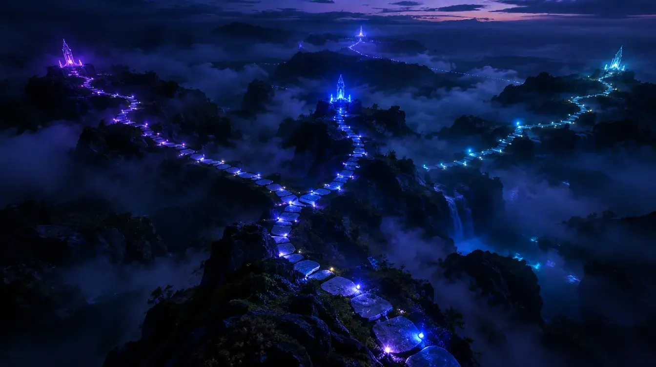 Branching illuminated stepping-stone paths across a dark landscape