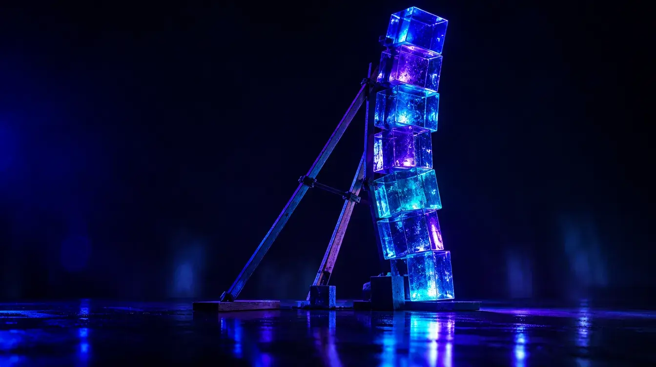 A precarious tower of glowing blocks propped up by makeshift supports